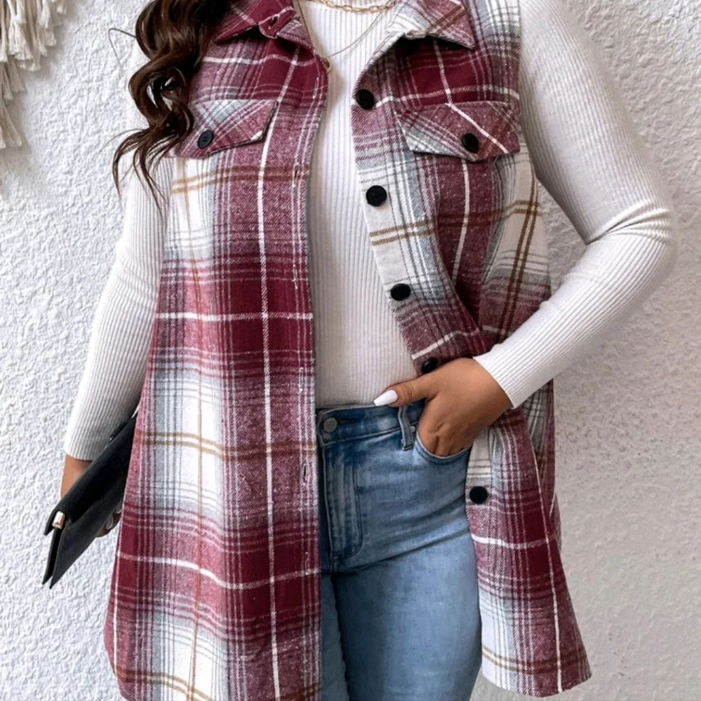 NEW PLUS SZ PLAID FLAP DETAIL VEST COAT - Picture 2 of 8